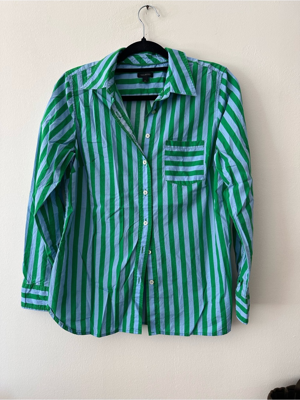 Talbots button down blue/green stripe 100% cotton Preppy size small